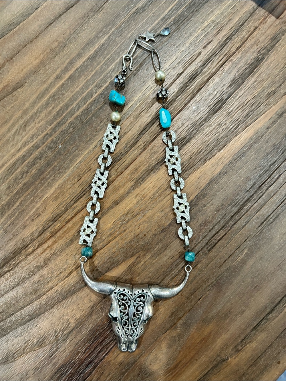 Vintage Assemblage Longhorn Skull Boho Statement Necklace Turquoise Crystal